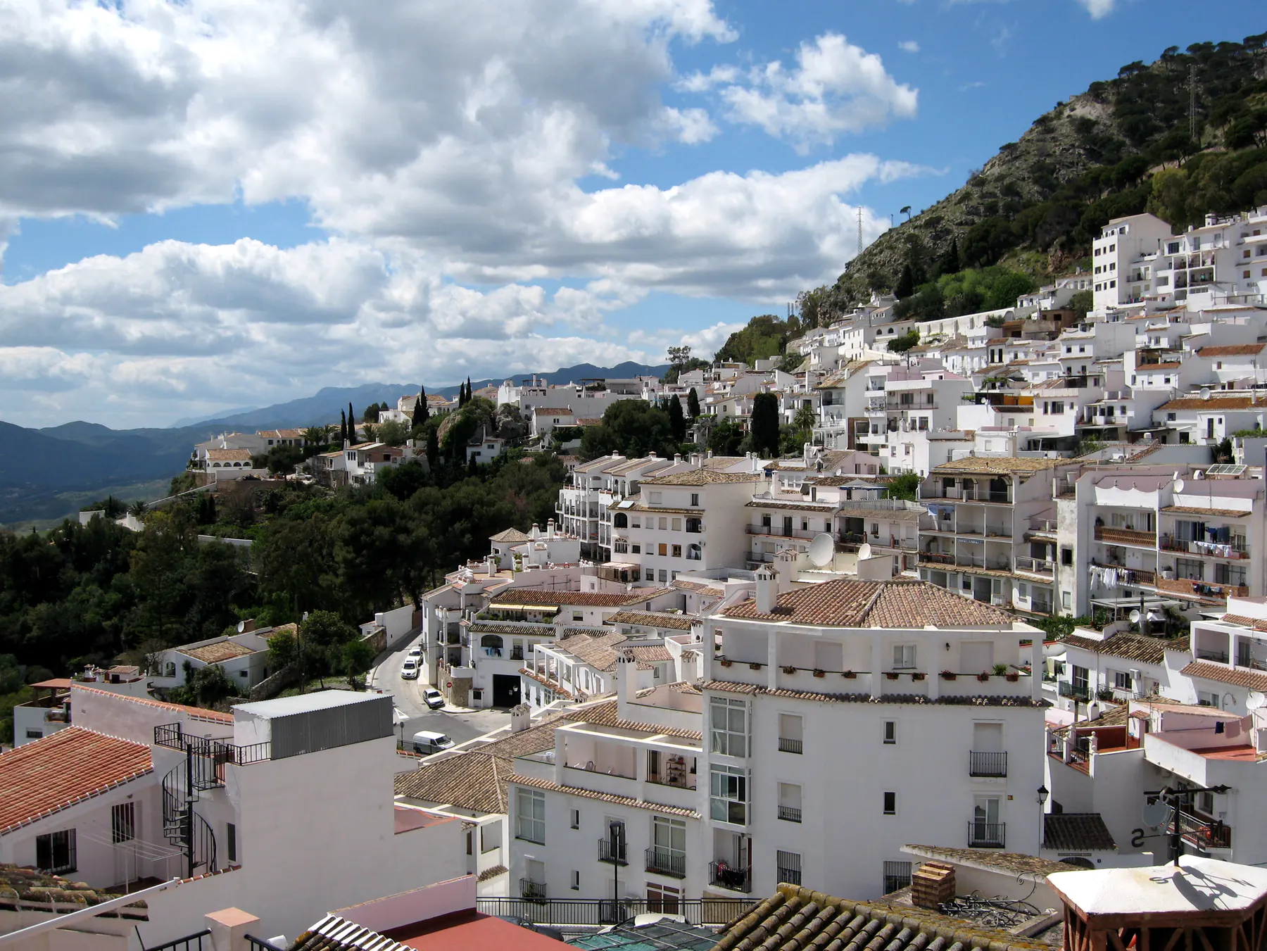 White houses of Mijas Pueblo on the slopes of the Sierra de Mijas